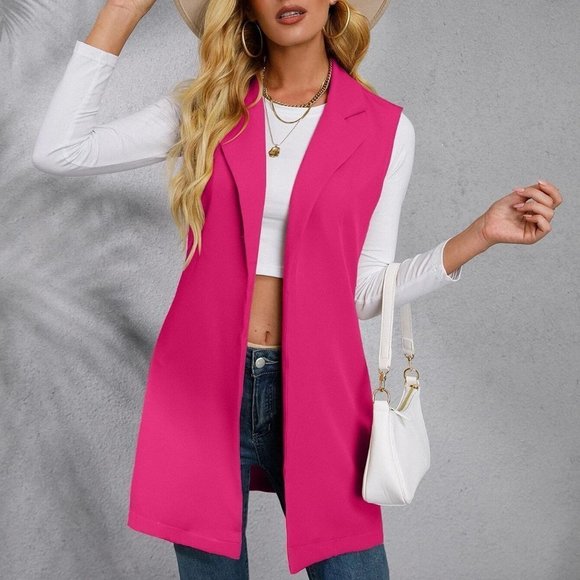 . Jackets & Blazers - Hot Pink Preppy Womens Solid Lapel Collar Open Front Vest Blazer